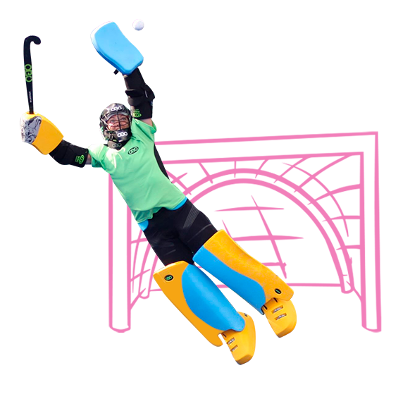 Obo Hockey Paraguay -Arquero con protecciones obo volando para atajar una pelota, con un arco en ilustración color fucsia de fondo